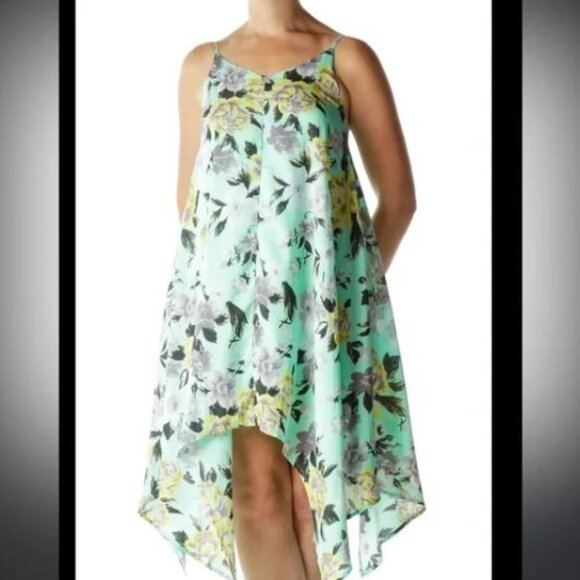 JOA Women's Blue Floral Tent Sleeveless Asymmetrical Knee Length Dress. Medium - Picture 2 of 16